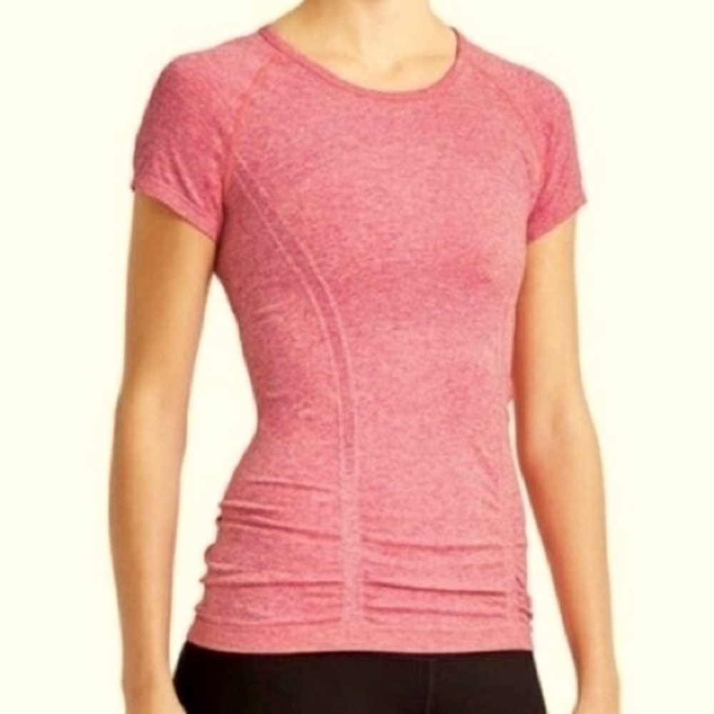 Athleta Fast Track seamless ruched athletic tee, neon peach pink